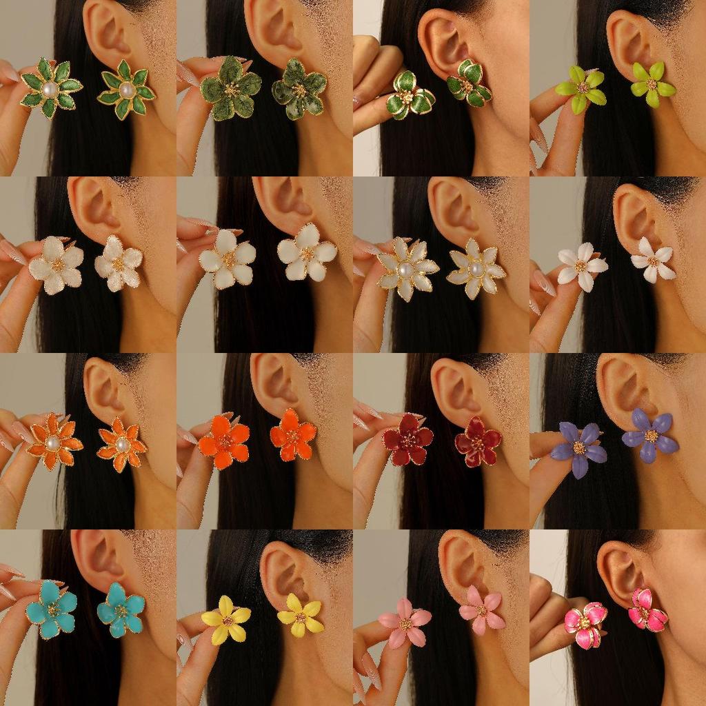 Colorful Drip Oil Flower Stud Earrings - Simple Double-Layer Petal Design for Women, Perfect for Spring and Summer
