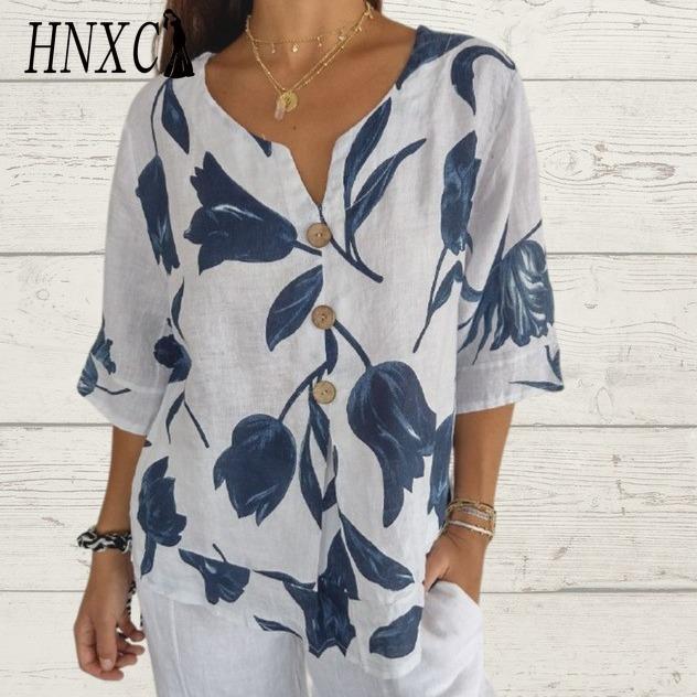 HNXC Printed Cotton and Linen V-neck Short-sleeved Pullover Shirt