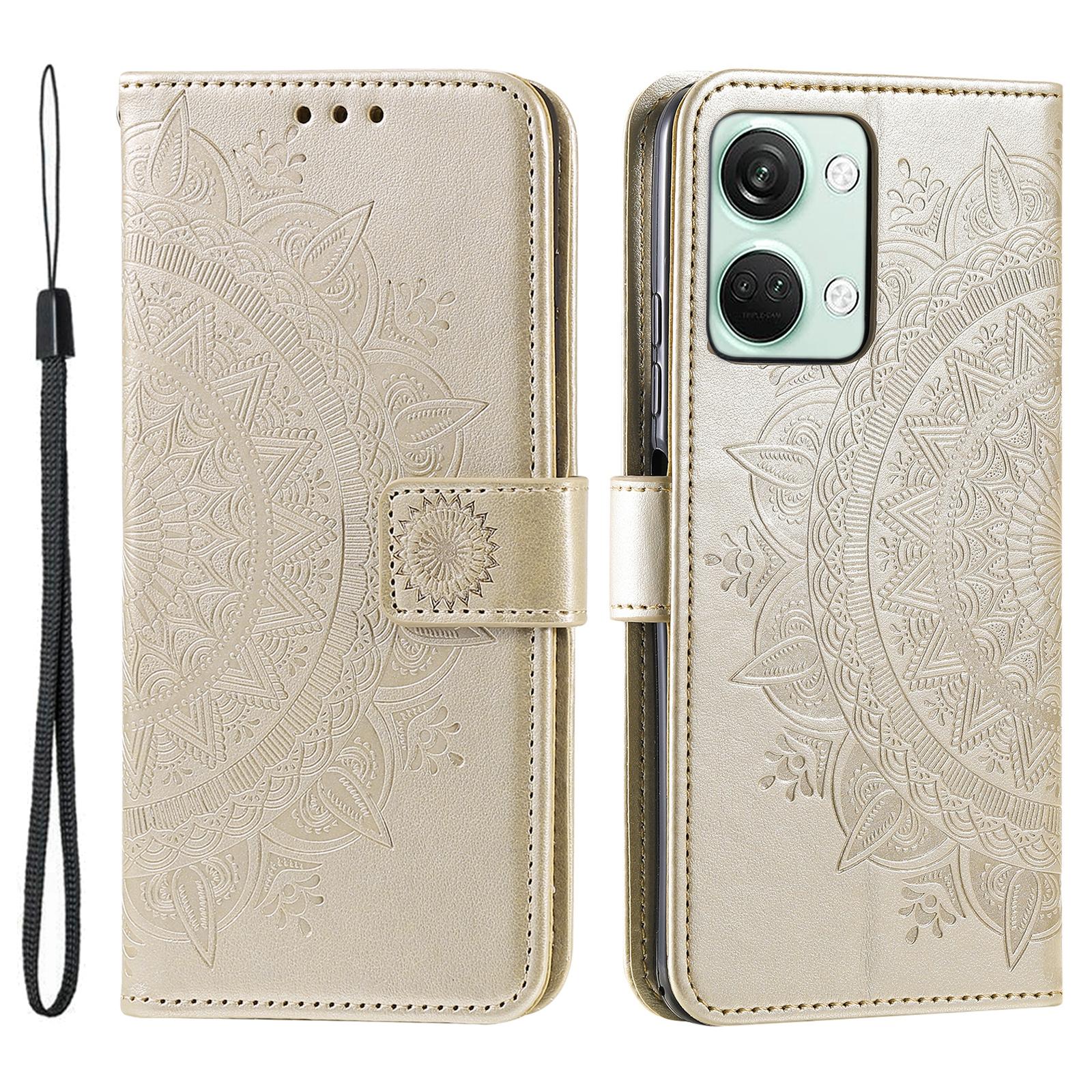 

For OnePlus Nord 3 5G/Ace 2V Leather Wallet Cover Mandala Flower Imprinted Stand Case with Strap Gold