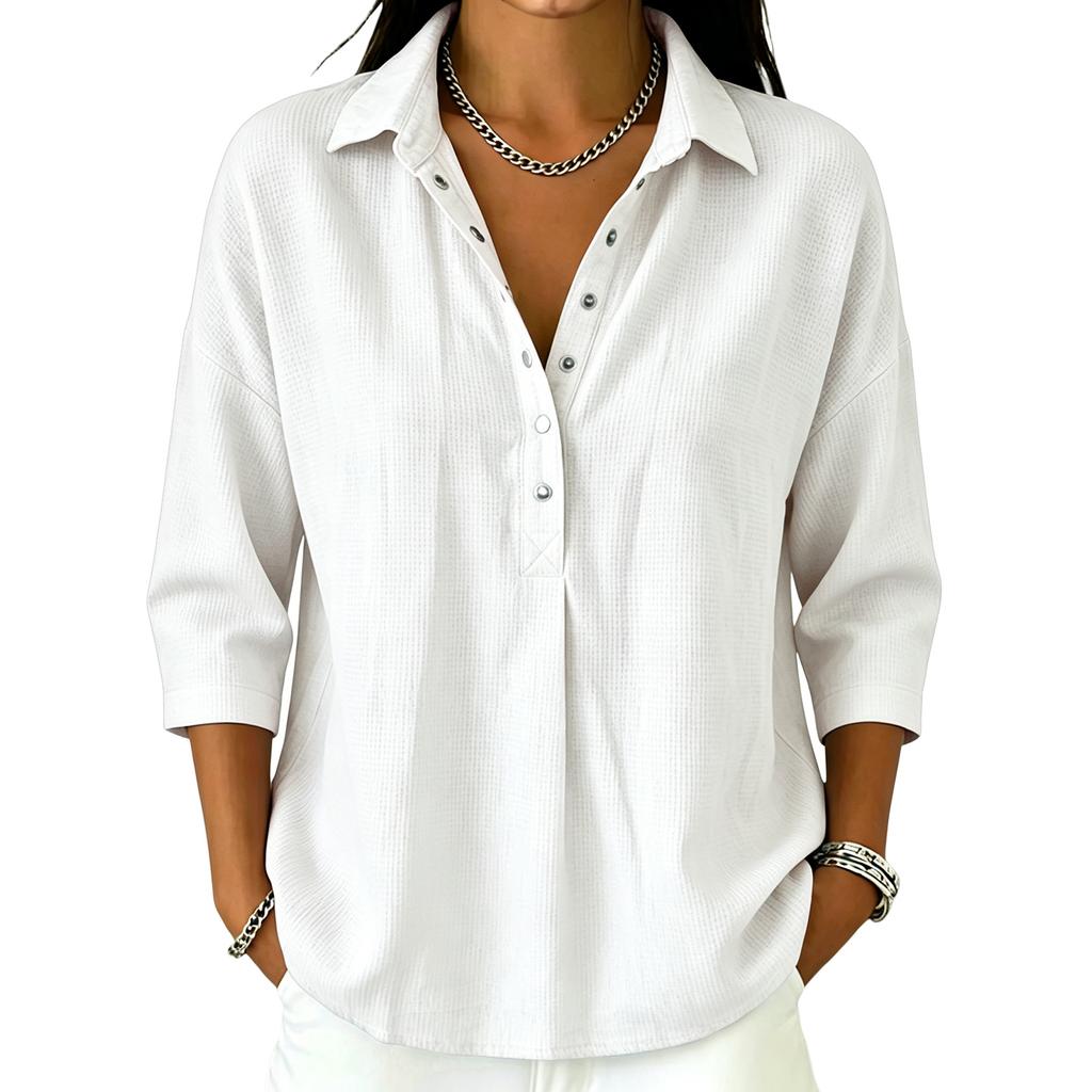 Women's Casual V Neck Button Down Waffle Knit Top Three Quarter Sleeve Relaxed Fit Lightweight Shirt for Everyday Wear