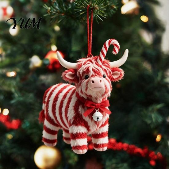 Small Holiday Party Favors Highland Yak Ornament for Christmas Tree Hanging Decor, Cute 2D Flat Compact Decorations Acrylic Pendant with Gold