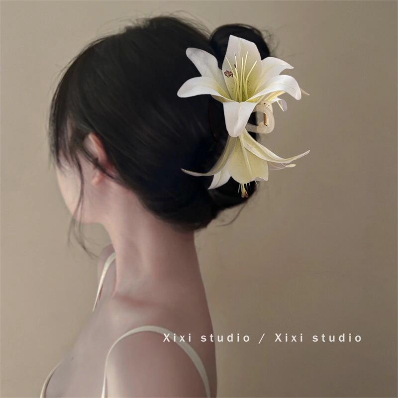 Enchanting Lily Flower Hair Clip: Elegant Shark Clip for Updos