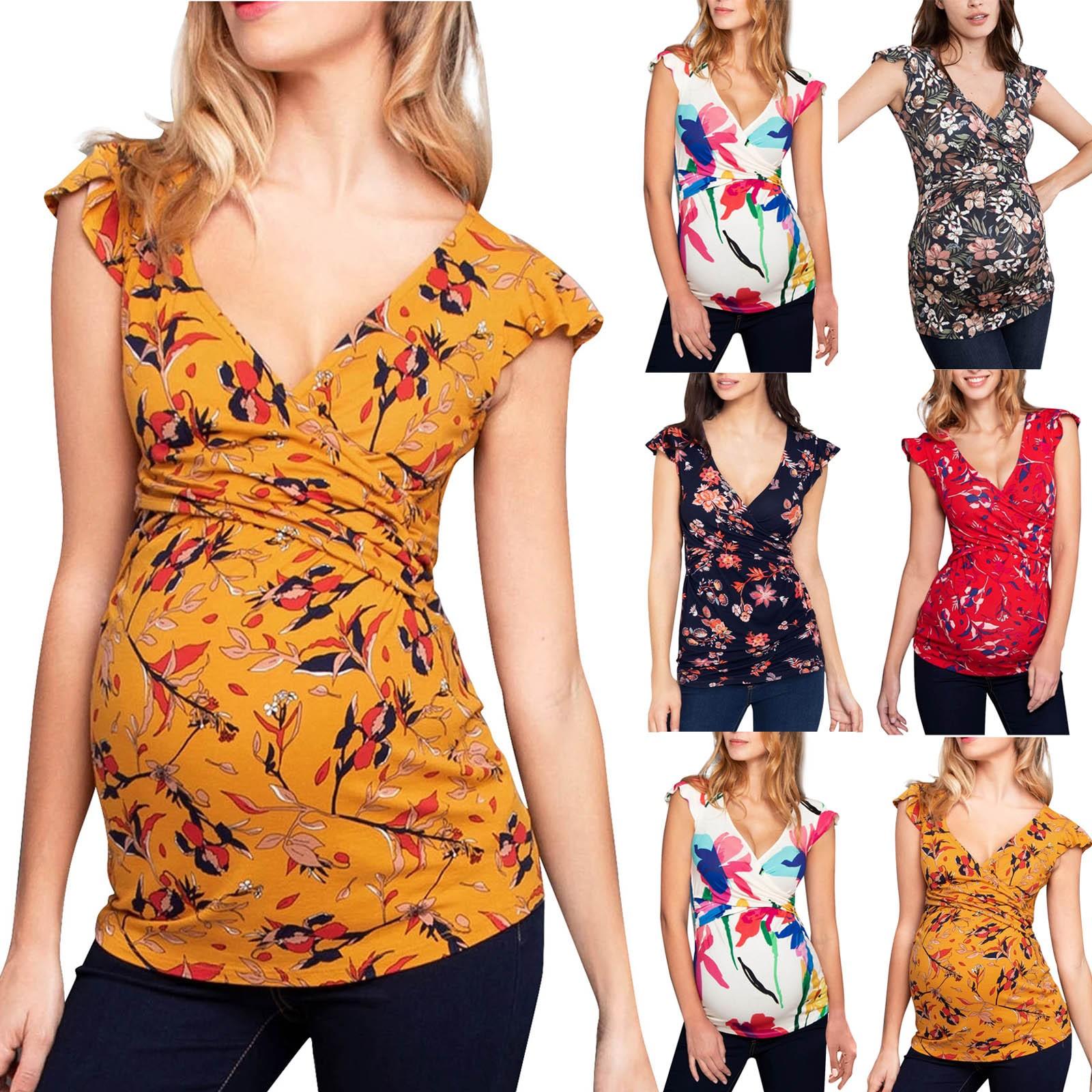 

Women s Maternity Deep V-Neck Prints Breastfeeding Dress T-shirt S
