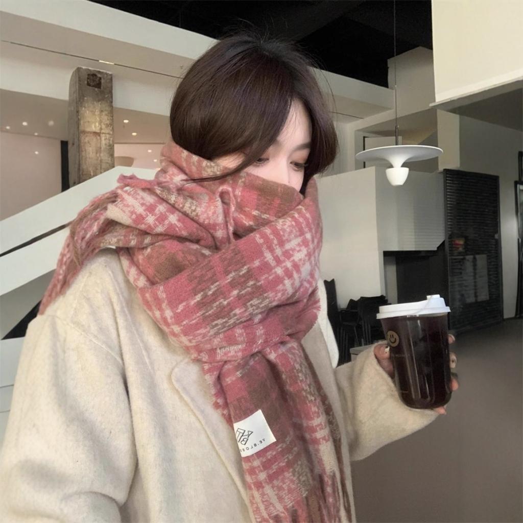 Dry Rose Pink Plaid Scarf Women's Autumn and Winter High-end Sense New Korean Version Versatile Warm Shawl Scarf