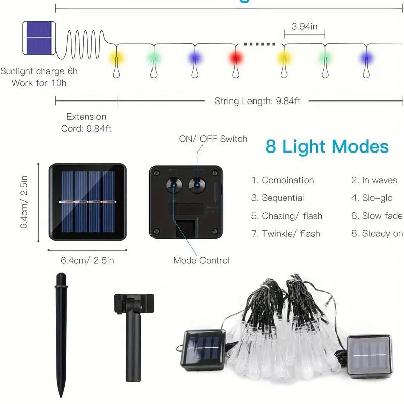 1pc 5m/12m LED Solar Powered Droplet String Lights Multicolor Festive Outdoor Decor Garden Lighting For Camping & Patio