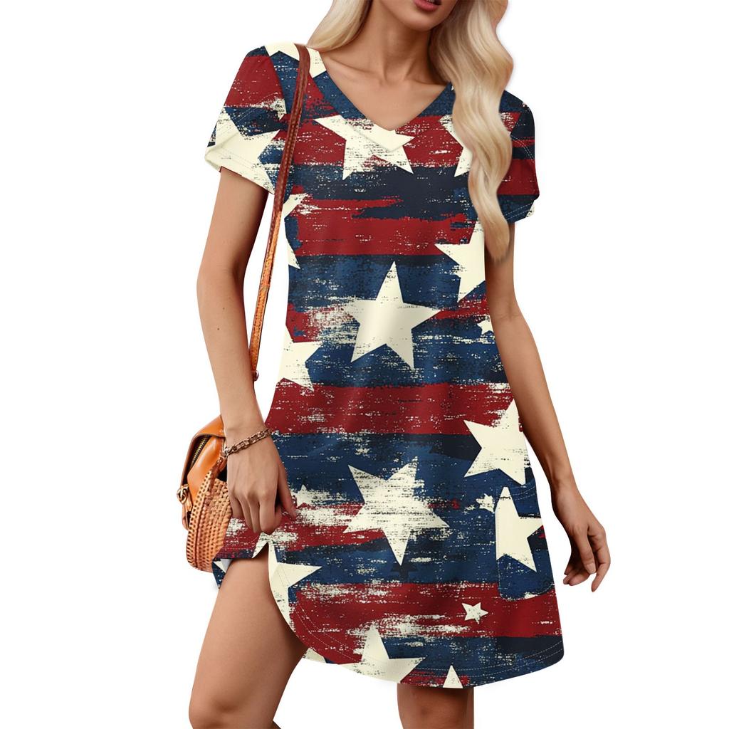Women's Petal Short Sleeve V Neck Loose Fit Independence Day Print Swing Sundress With Pockets