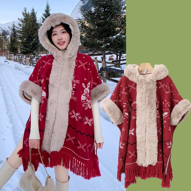 Tassel Thickened Fleece Plaid Shawl Cloak Retro Imitation Rex Rabbit Hair Collar Hooded Jacket Cloak