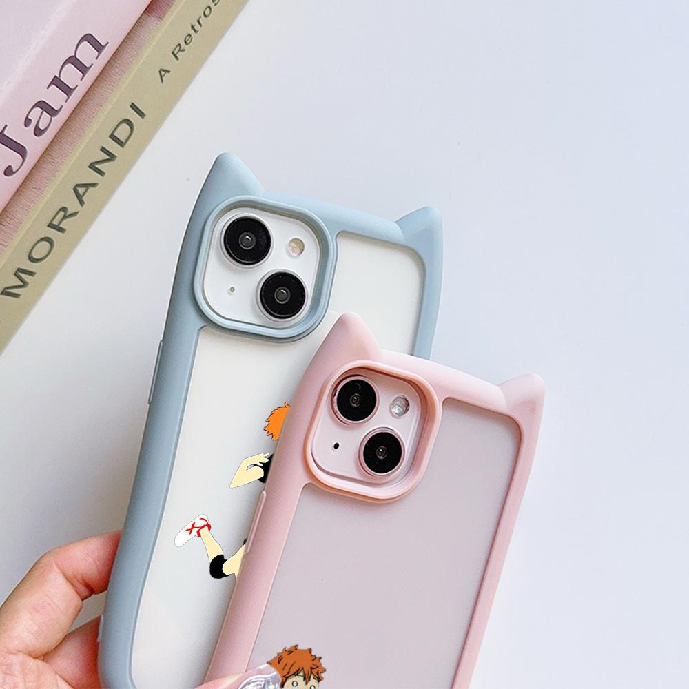 Soft Cat Ear Phone Cases for iPhone 16 15 13 12 11 Pro Max 14 Plus Silicone Anti-Drop Transparent Acrylic Back Cover N69 Anime Haikyuu X Reader Art