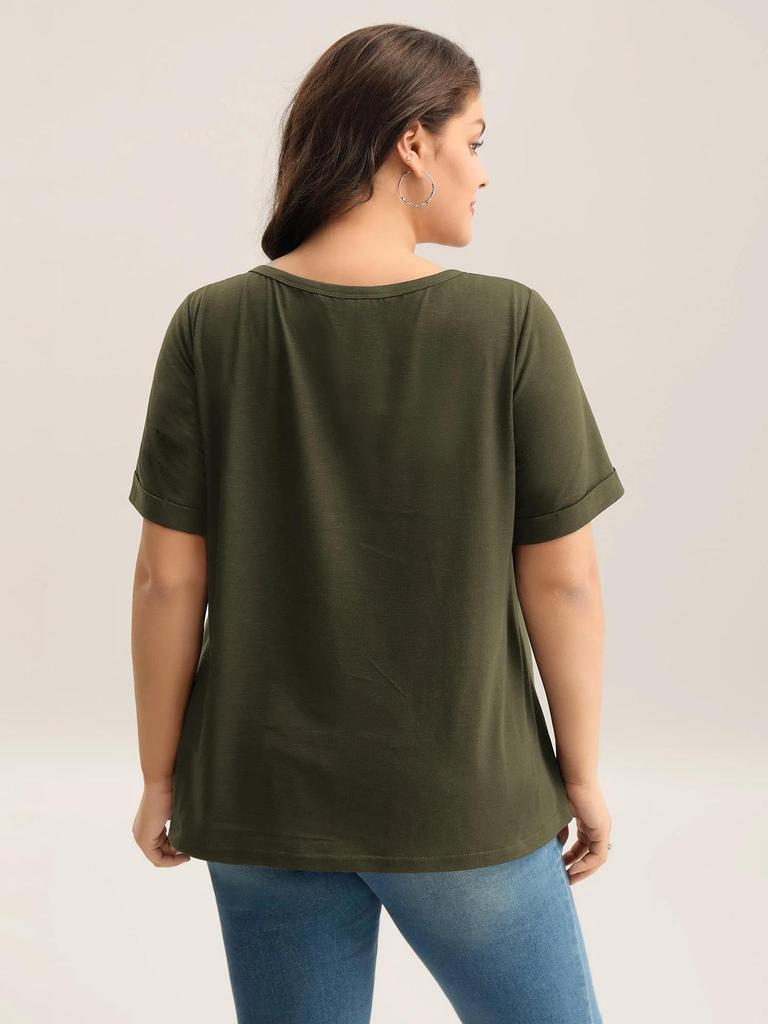 Großformat Damen V-Ausschnitt Knopf Kurzarm Einfarbig Lässig T-Shirt