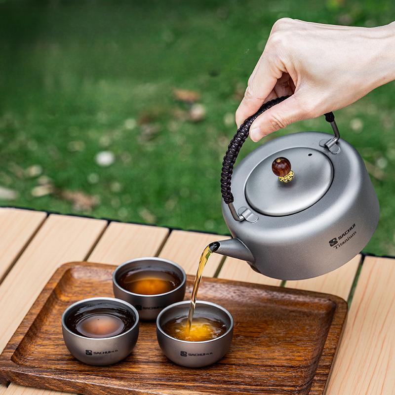 Pure Titanium Tea Kettle Outdoor Boiling Kettle Camping Portable Double Layer Tea Set with Storage Bag