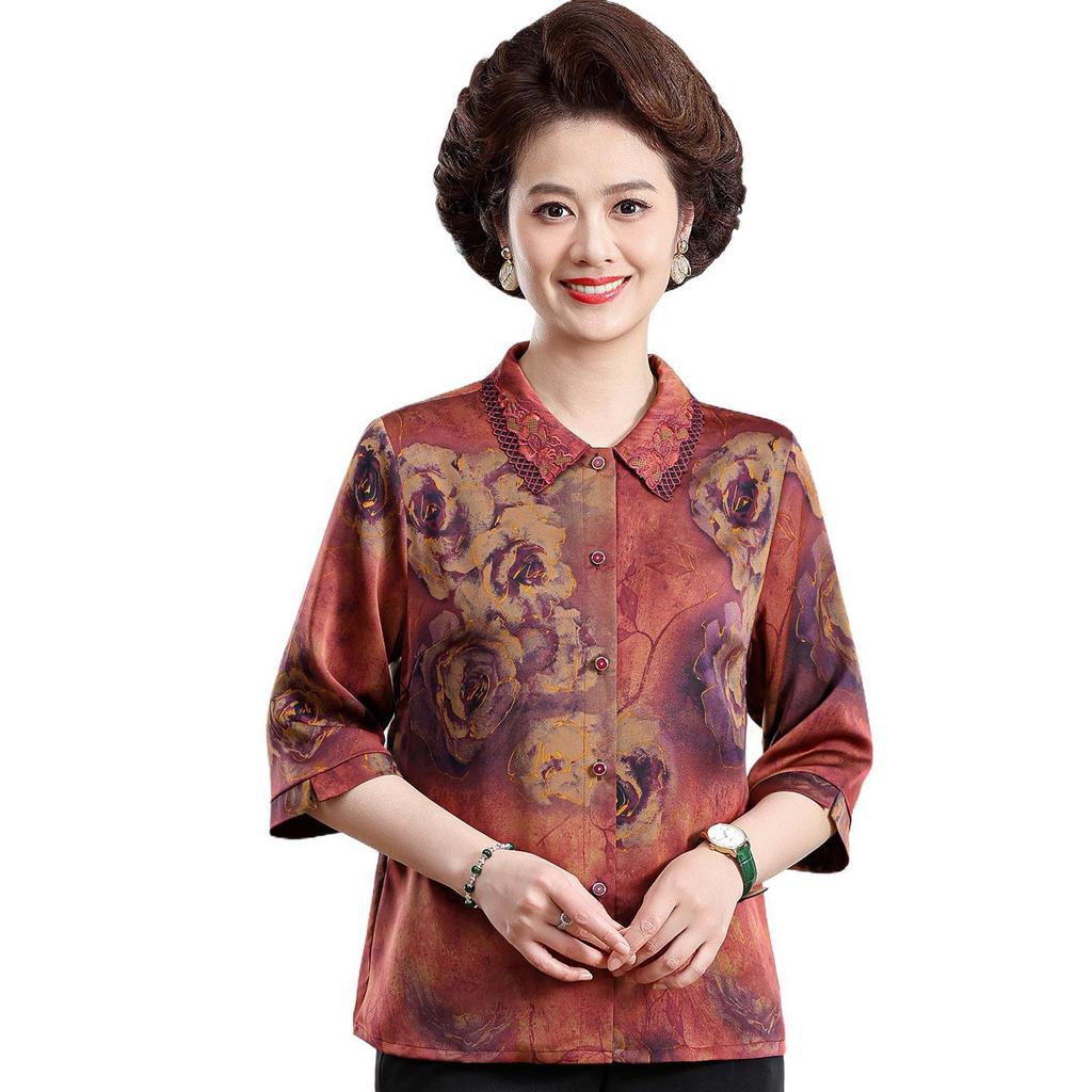 Elegant Silk Long Sleeve Shirt for Women - Spring/Summer Top for Middle-aged and Elderly