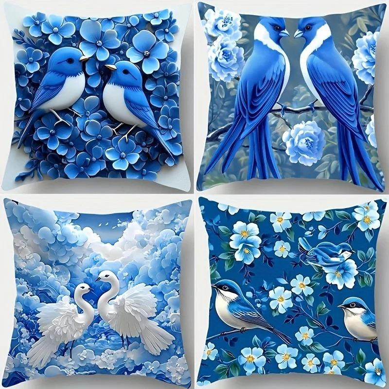 Blauer Vogel und Blumenmuster Kissenbezüge Muster Kissenbezug Geeignet für Sofa Schlafzimmer Auto Kissenbezug