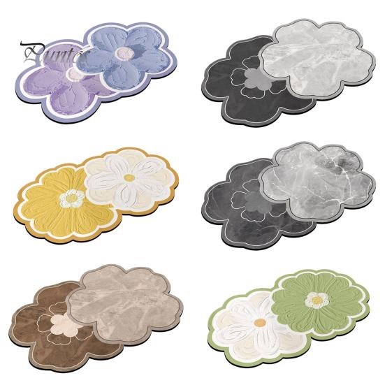 Quick Dry Shower Mat Double Flower Bath Mat, Super Absorbent Diatomaceous Earth Rug, Non-Slip Floral Washable Drying for Bathroom Floor Home Entrance