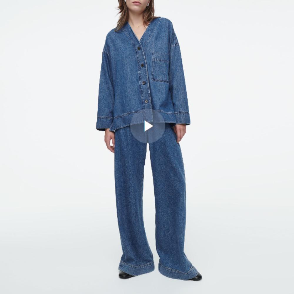 

Europe, America, casual autumn new loose denim suit women s V-neck shoulder-length shirt trousers denim two-piece set S синий