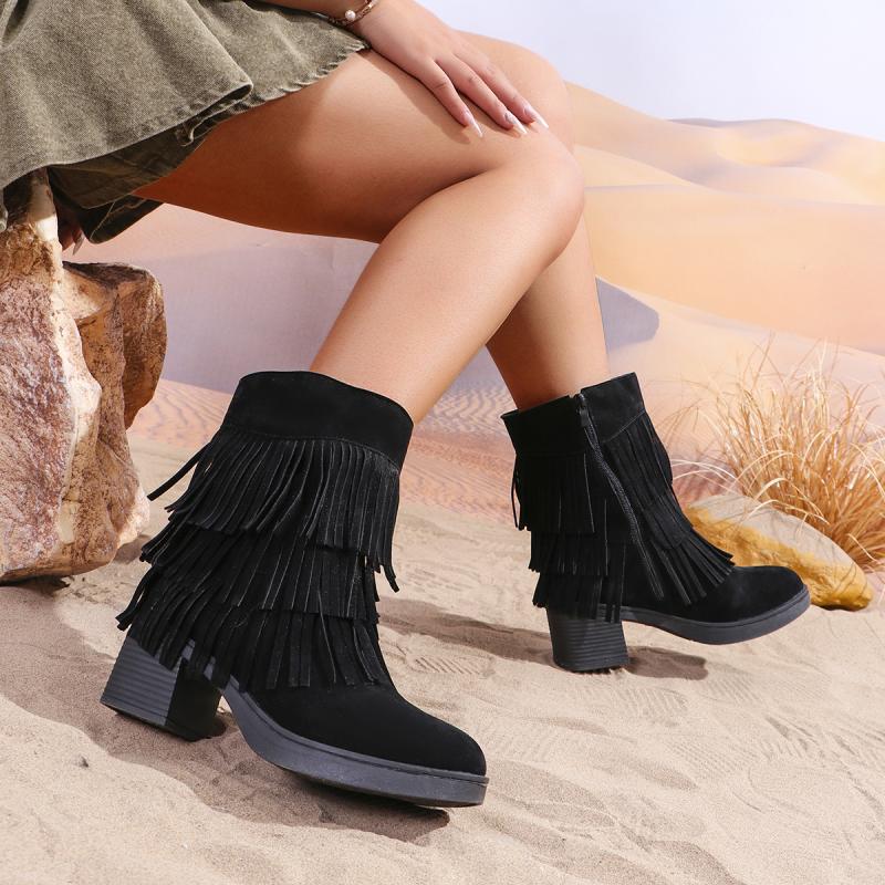 Mode Sexy Wildleder Schwarz Quasten Reitstiefel Damen 2025 Winter Seitenreißverschluss Hoher Absatz Western Cowboy Stiefel Mode Einfarbig Schwarze Schuhe