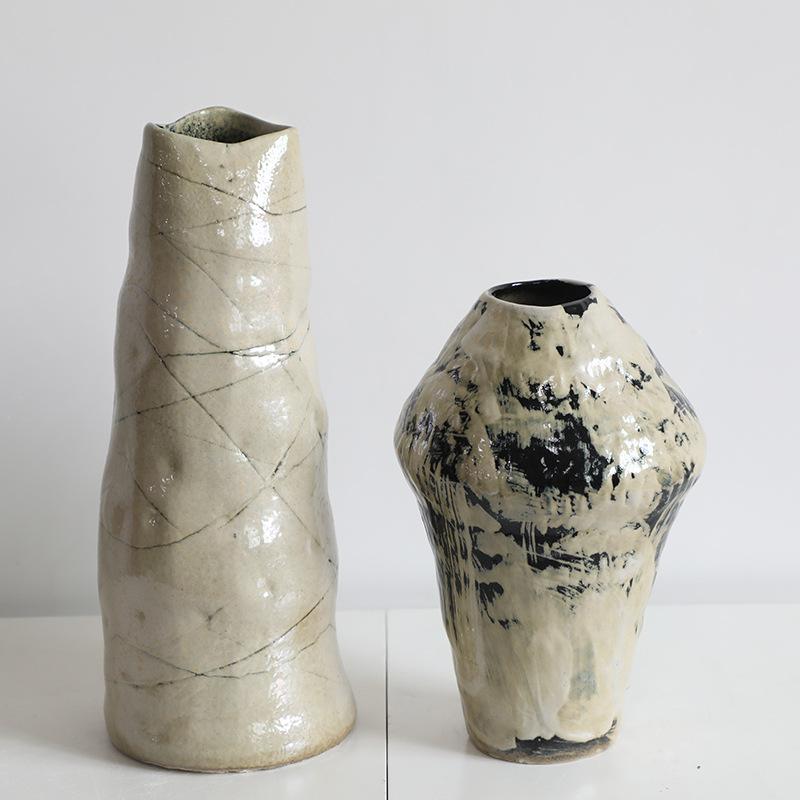 New Chinese national tide ceramic vase coarse pottery vase flower arrangement retro nostalgia handmade hotel Zen decoration