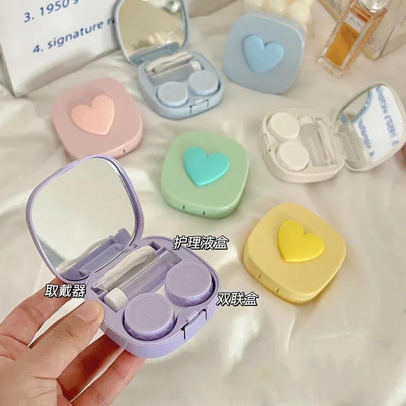 Women Colored Heart Contact Lens Case with Mirror Pink Eyes Care Contact Lens Container Travel Eyewear Accessories Organizer