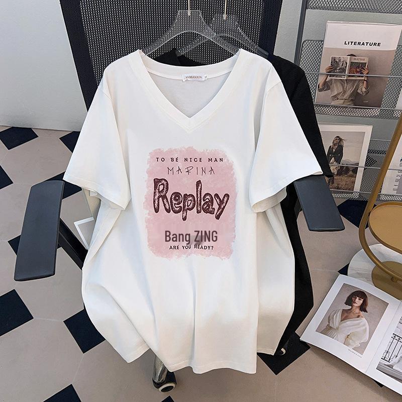 Women s Plus Size V-Neck Mid-Length Short-Sleeve Slimming T-Shirt (200-350 Jin) 4XL