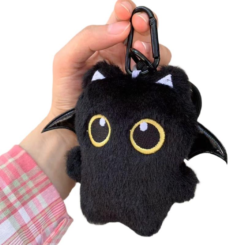 Cute Ghost Wing Black Cat Plush Keychain Kawaii Plushie Animal Stuffed Pendant Big-eyed Punk Bag Accessories Backpack Ornament