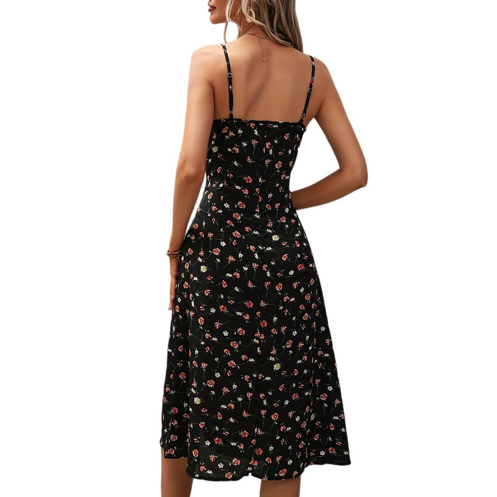 Women Summer Floral Midi Dresses Casual Spaghetti Strap Sleeveless Ruched Split Slit Long Dresses