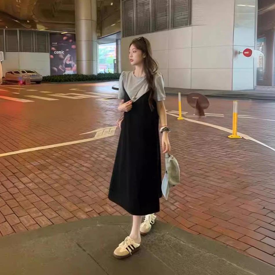 Rochie de vară chic colorblock cu mânecă scurtă de lungime medie pentru femei plinute