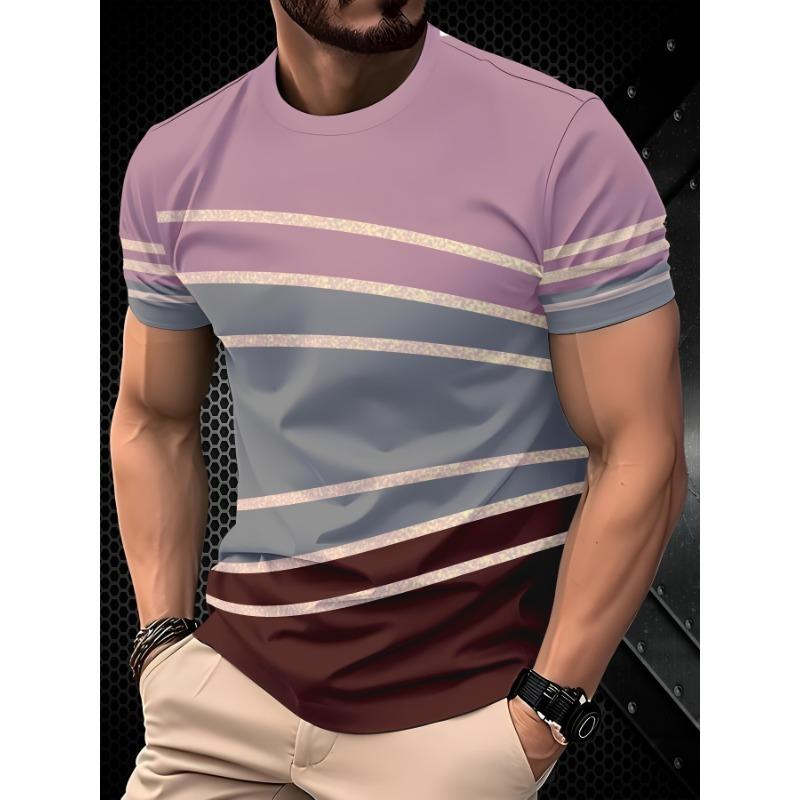 Summer Round Neck 3D Contrast Color Print Top Fashionable Casual Short Sleeved Men's T-shirts