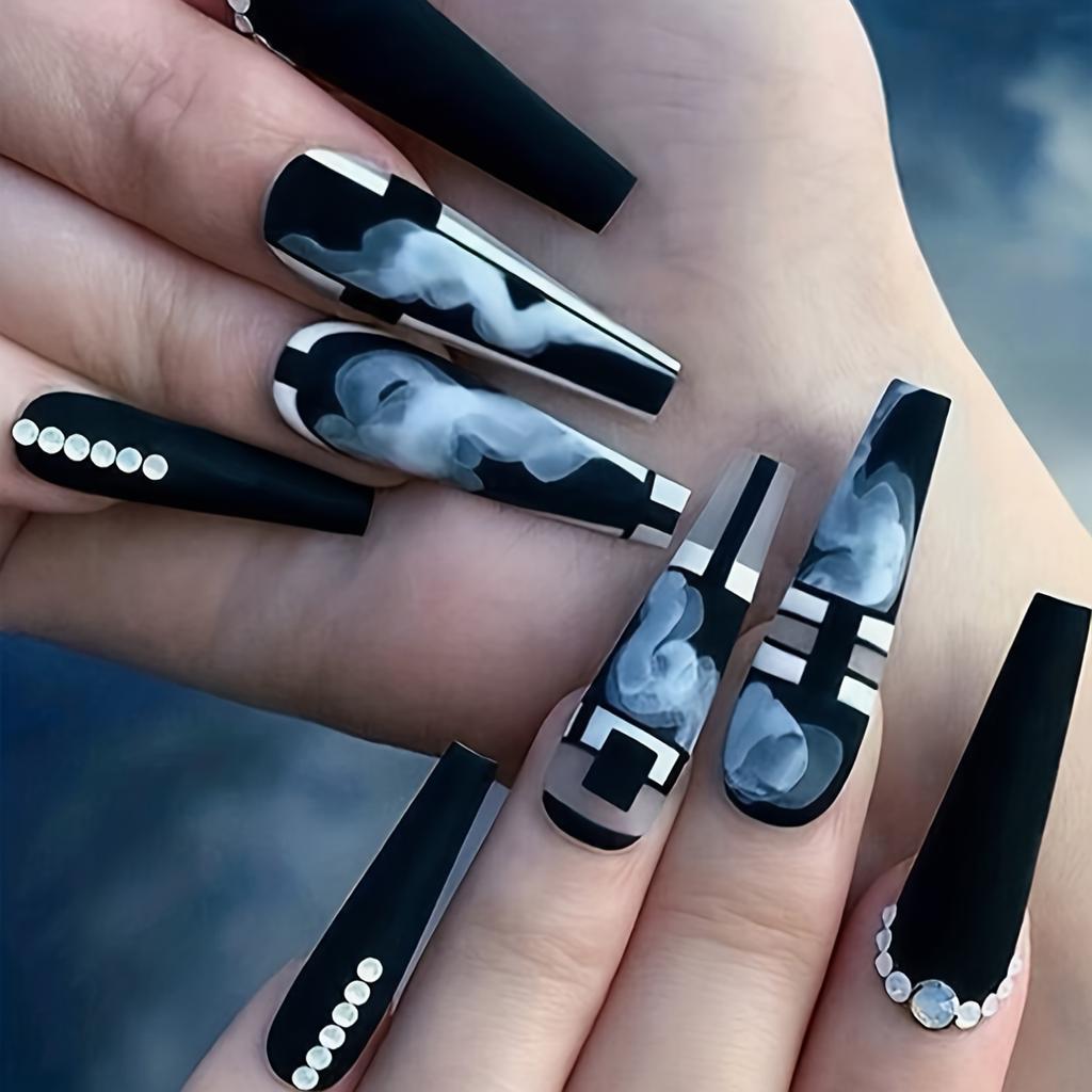 24pcs French Black White Plaid Glossy Ballerina Coffin Press On Nails with Rhinestones Decor - Long Length Acrylic All Cover False Nails