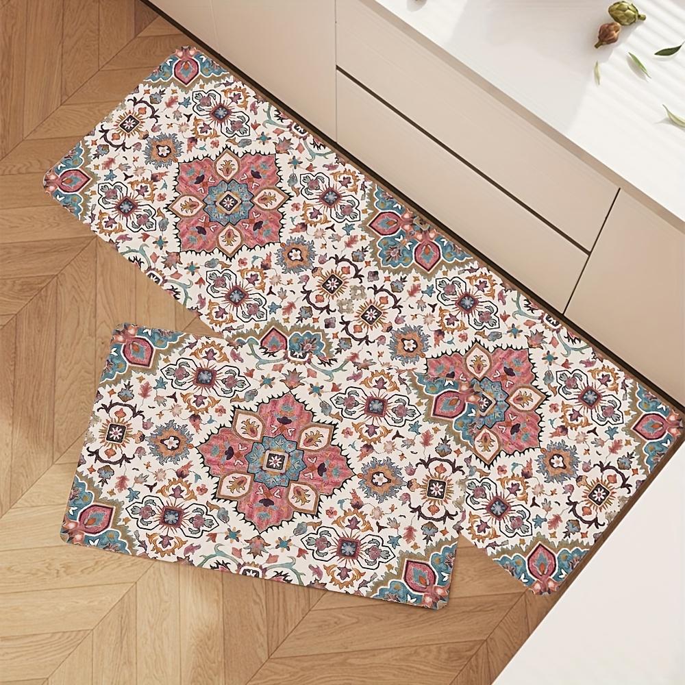 1Pcs Pink Bohemian Pattern Floor Mat Modern Kitchen Polyester Rug Non-Slip Colorful Indoor Carpet, For Home Bathroom Bedroom Living Room Decor