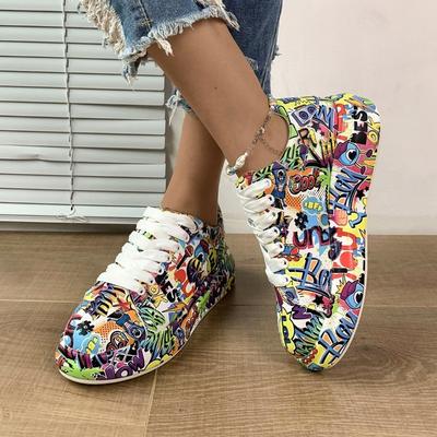 Da donna, Taglio basso, Scarpe casual, Stampate con graffiti, Scarpe sportive, Allacciate, Con suola spessa, Scarpe da skate