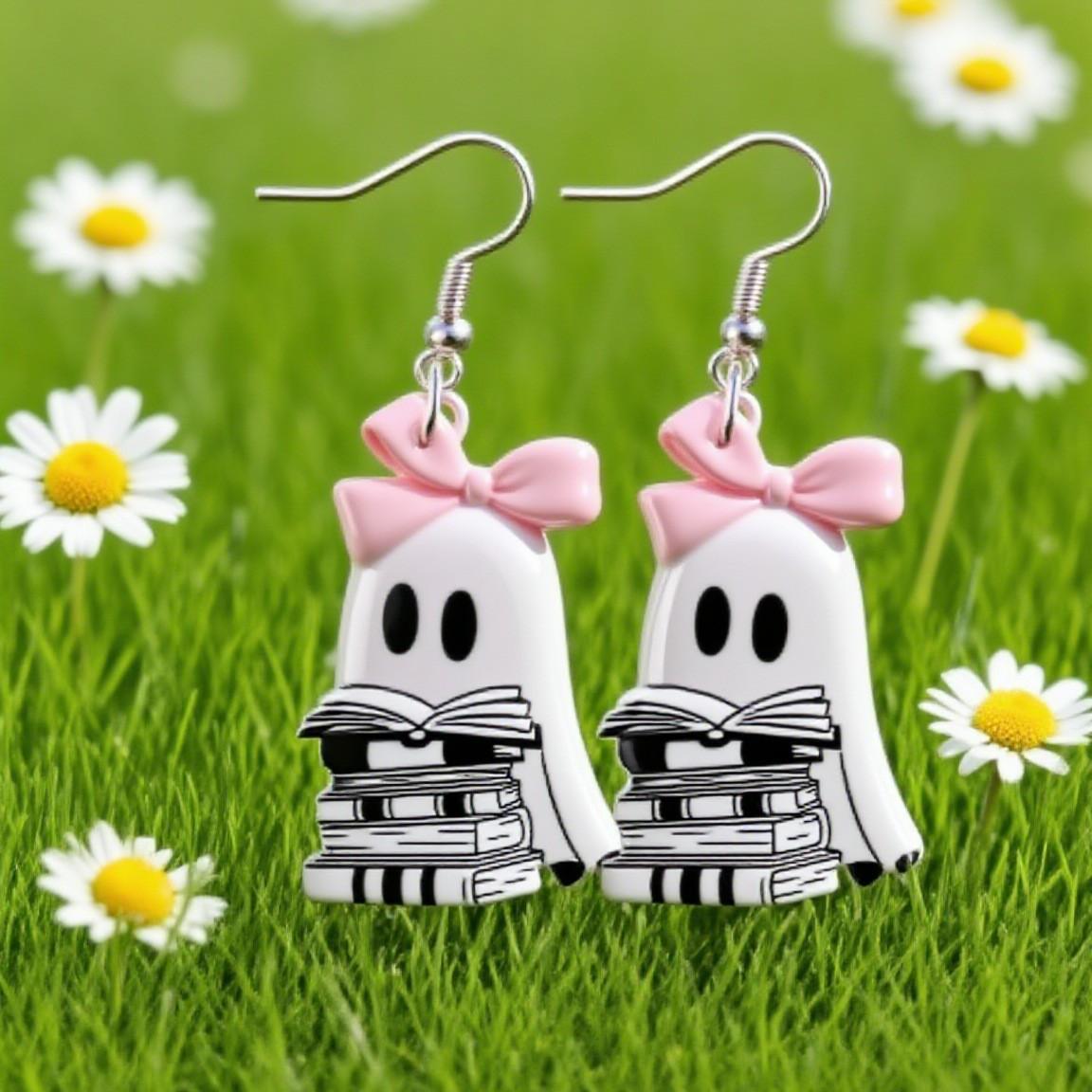 Cross-border new bow ghost earrings acrylic Halloween decoration creative cartoon book ghost earrings
