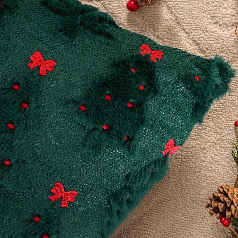 2pcs/set Christmas Bow Embroidered Pillow Covers Polyester Flannel Tree Design Sofa Cushion Festive Party Decor Only Pillowcase