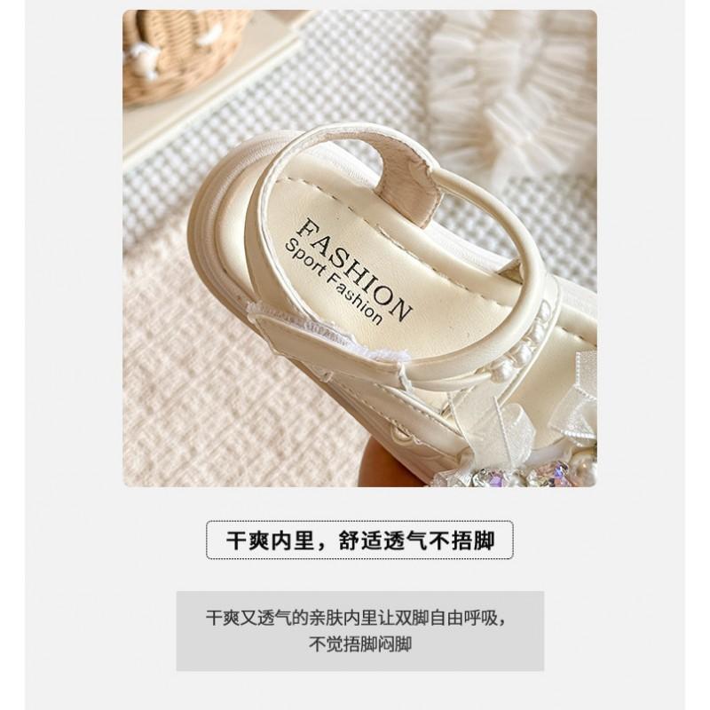 Girls Princess Sandals 2026 Rhinestone Pearl Decor Soft Sole Non-Slip Open Toe Shoes Ages 4-16