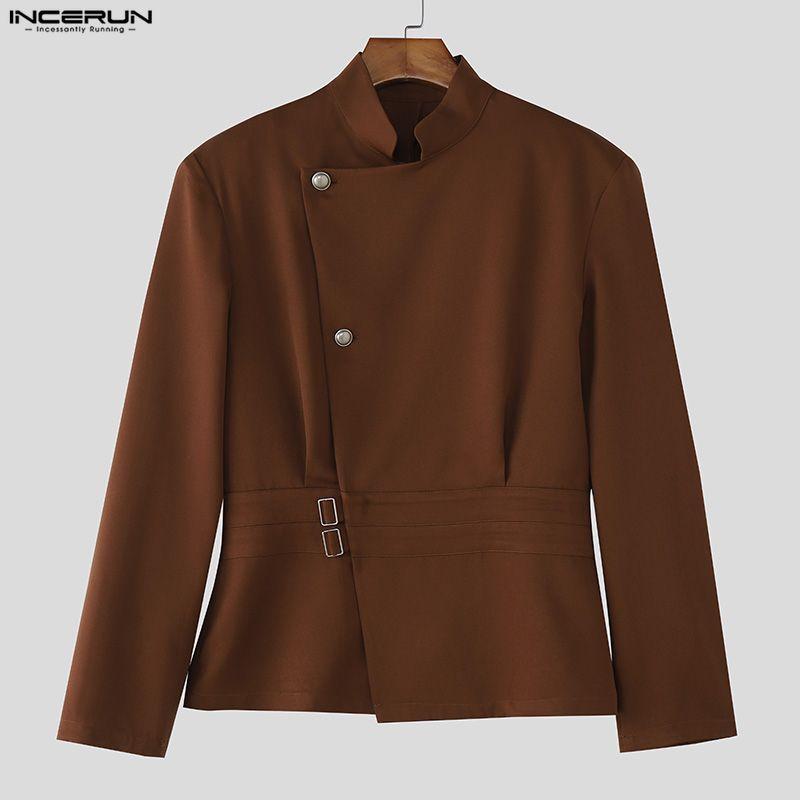 INCERUN Spring Men Stand Neck Long Sleeve Side Buttons Casual Thin Coats