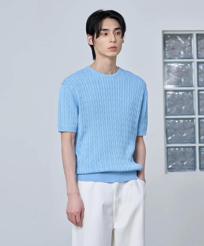 AGOD Cotton Modal Washable Crew Neck Cable Knit [Sky Blue]