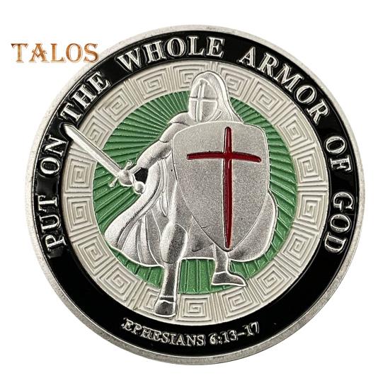 

Монета «Доспехи Бога» диаметром 1,57 дюйма, металлическая сувенирная монета, надетая на все доспехи Бога, двухсторонняя монета «Бронированный солдат» для Военной церкви 1pc серебряный