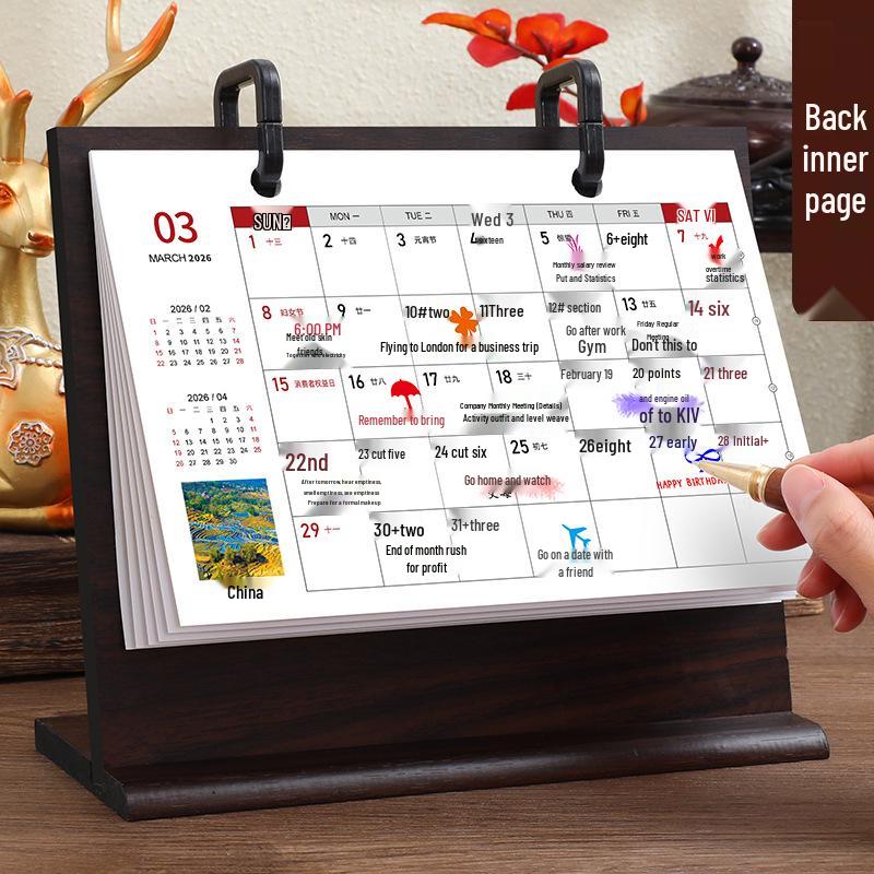 Customizable Solid Wood Desk Calendar 2026 - Office Desktop Ornament