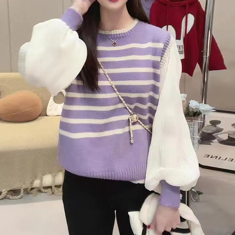 French Fake Two Piece Puff Sleeve Knit Top Women Spring Stripe Patchwork Cropped Round Neck Slimming Shirt