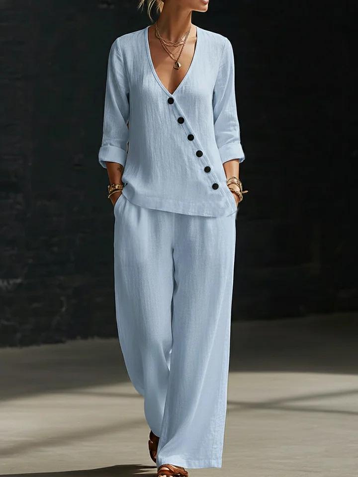 

2026 Spring/Summer Women s Minimalist V-Neck Shirt & Wide-Leg Pants Set X Large озеро синього кольору