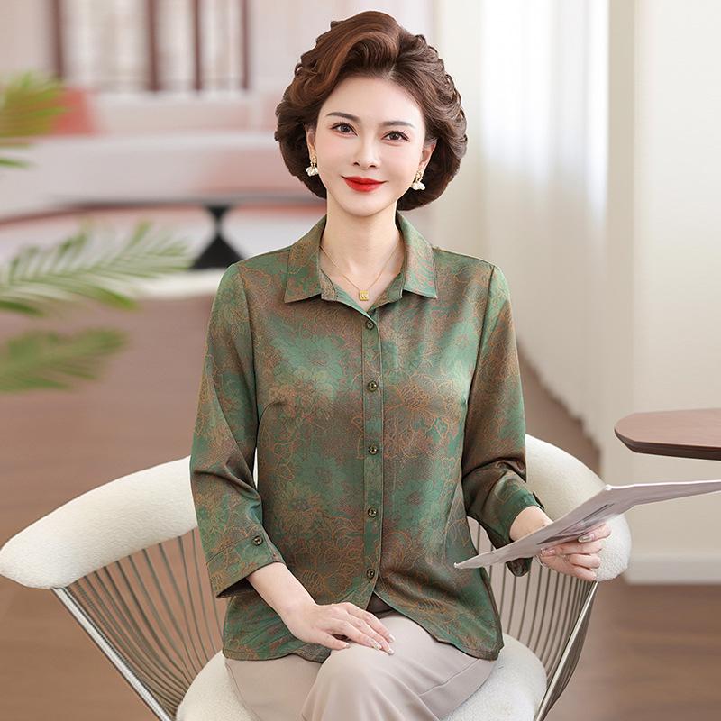 

Summer Chiffon Seven-Sleeve Top for Middle-Aged Women L (80-100 lbs) зелений