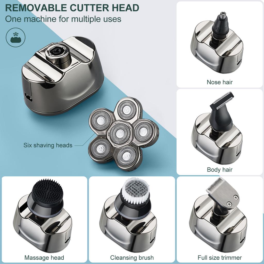6 In 1 Rechargeable Electric Shaver 6 Floating Heads Bald Grooming Kit Shaver for Men Waterproof Wet Dry Beard Trimmer