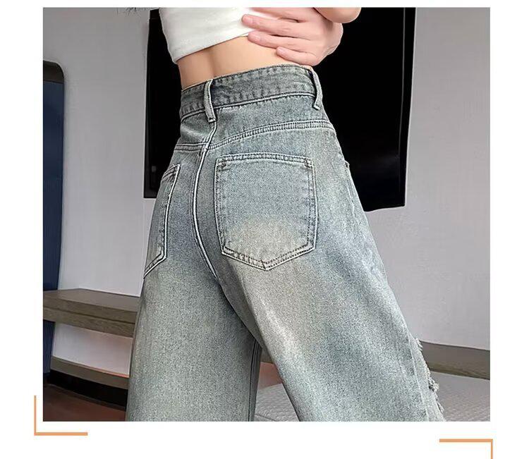 Damen Nostalgische Blaue High-Waist Ripped Denim Shorts - Lockere Passform, Mittellang, Weites Bein für Birnenförmige Körper.