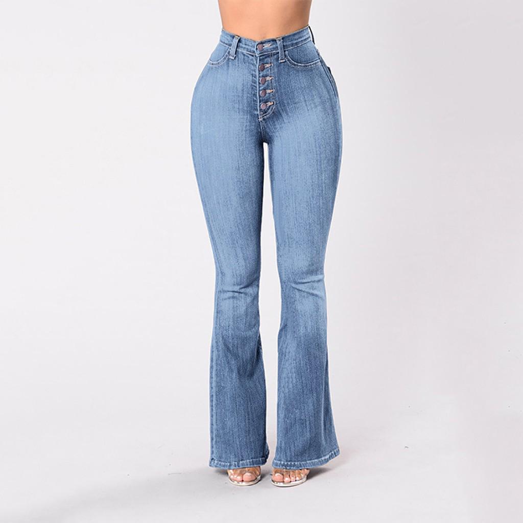 Women  Elastic Plus Loose Denim Pocket Button Casual Boot Cut Pant  Jeans