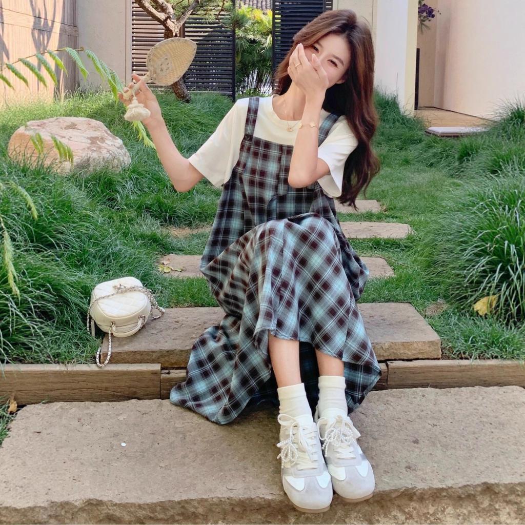 Plaid dress for women, new summer Korean style casual temperament, relaxed feel, fake two-piece patchwork slip dress