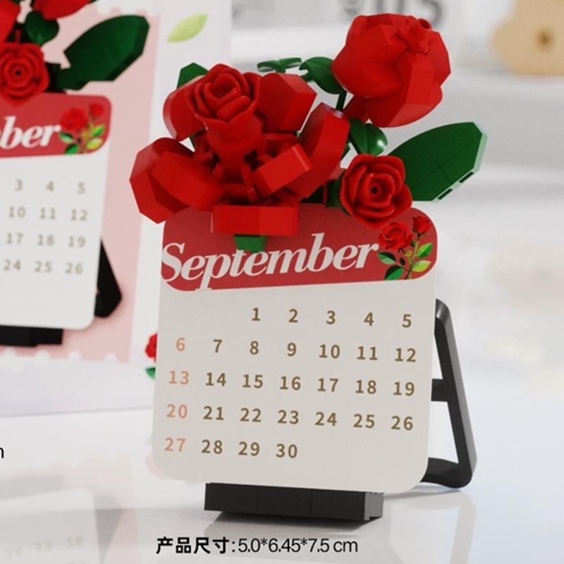Latest Diy Calendare Time Date Flower Rose Sunflower Phalaenopsis Plum Blossom Construction Blocks Kit  Blocks Model Kids Plaything Gift