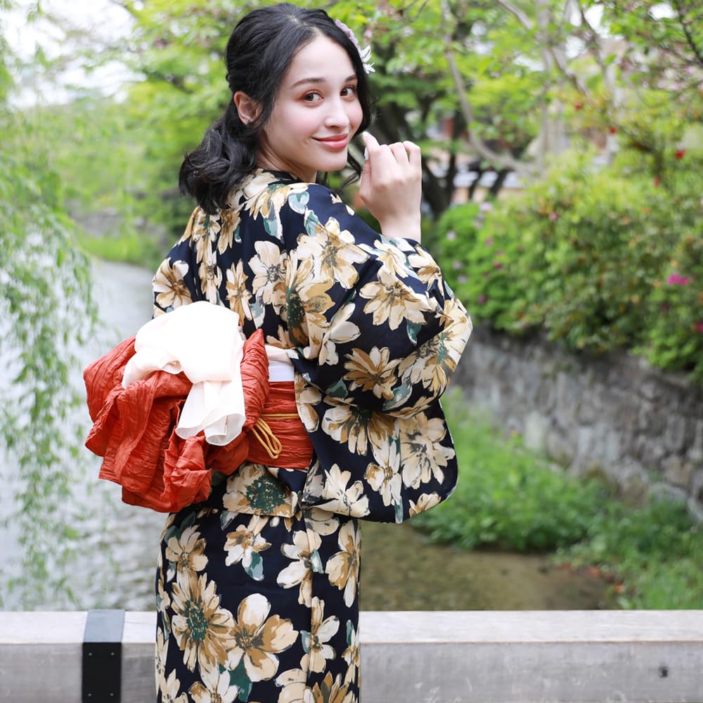 Adult Yukata Set Your Set with Heko Obi Beige Sunflowers on a Dark Navy (Choose Own) Two-Piece (Size L, 4. Background)