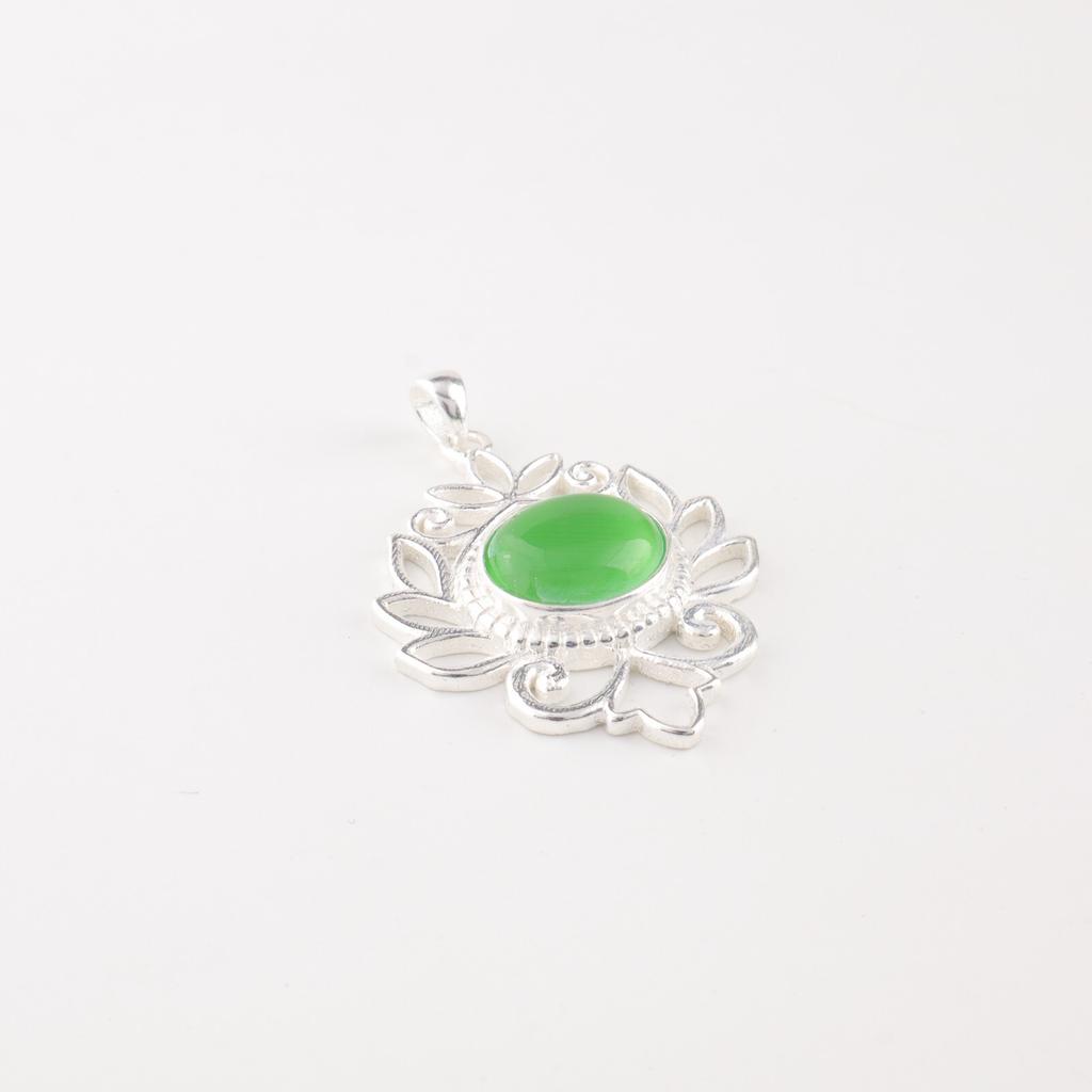 Green Cat's Eye Gemstone 925 Fine Silver Jewelry Handmade Chain Pendant For Gift CP-1-44