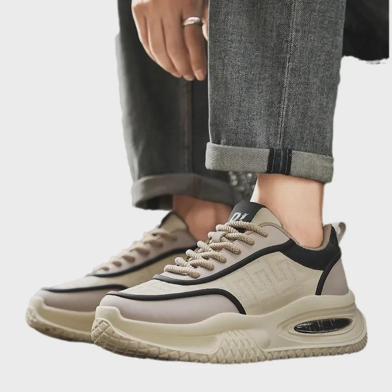 2024 Autumn Men's Leather Thick-Soled Dad Shoes with Air Cushion - Trendy Casual Sports Footwear
