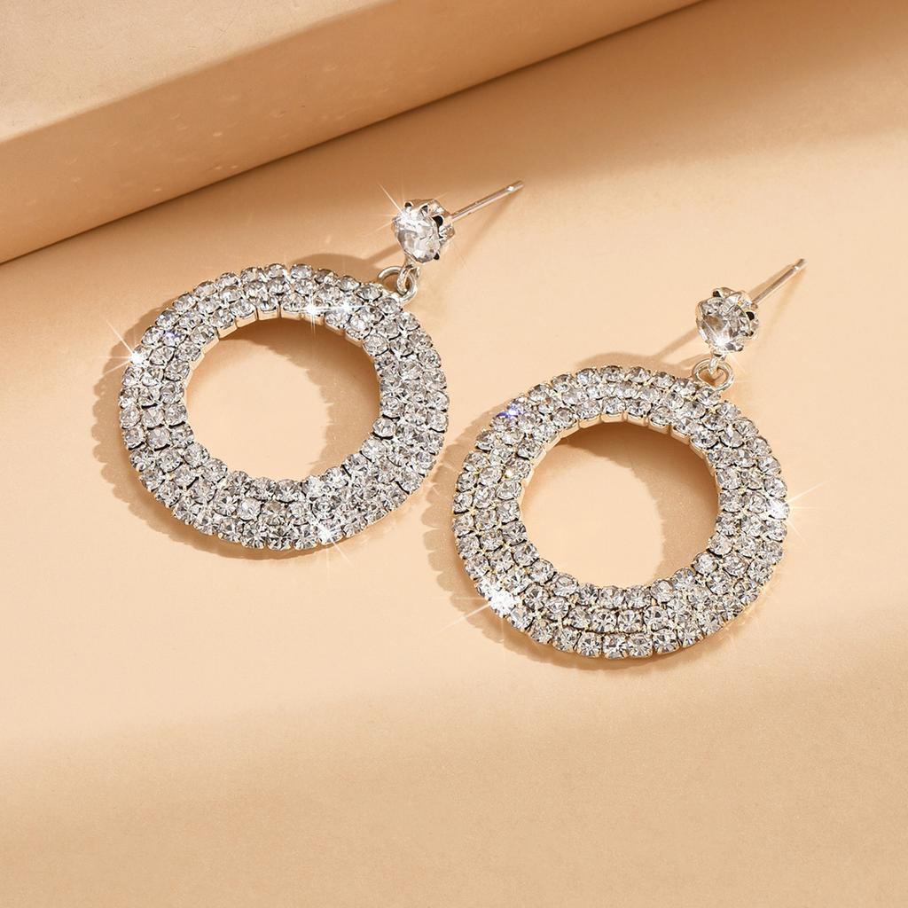 3 Pieces of Wedding Women's Fashionable Circle Jewelry Set, Tassel Rhinestone Earrings Necklace, Luxurious Party Fashion Accesso