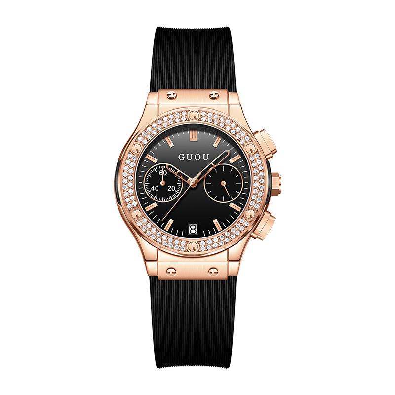 Montre tendance, personnalité, cool, élégante, grand cadran, bracelet en silicone, autoritaire, strass, montre femme
