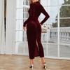 Women's Long Sleeve Round Neck Tight Slit Elegant Velvet Long Dress